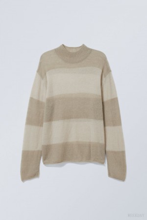 Beige Stripes Weekday Holger Regular Wool Mockneck | ZYEC4806