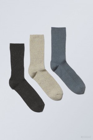 Black Beige Blue Weekday 3-pack Rib Neps Socks | WKHA6581