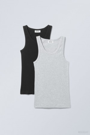 Black Grey Weekday 2-pack Close Fitted Rib Tank Top | HOJS4404