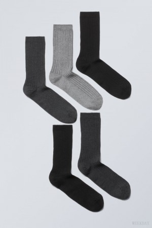 Black Grey Weekday 5-pack Rib Socks | ANKB7396