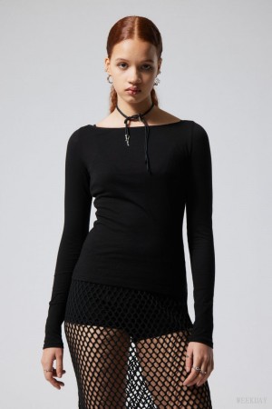 Black Weekday Boatneck Fitted Long Sleeve Top | XSYW0787