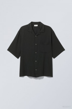 Black Weekday Oversized Linen Short Sleeve Shirt | ZBIG3238