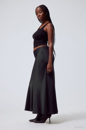 Black Weekday Paige Satin Long Skirt | AKUH1561