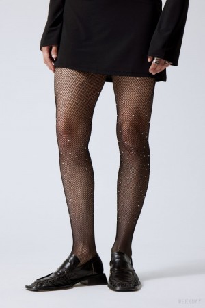 Black Weekday Rhinestone Tights | KIBU0040