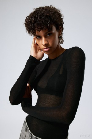 Black Weekday Soft Sheer Long Sleeve Top | ARUA5717