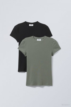 Black / Khaki Weekday 2-pack Close Fitted Rib T-shirt | NKGN2027