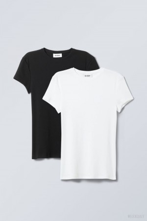 Blk & wht Weekday 2-pack Close Fitted Rib T-shirt | JXRV9654