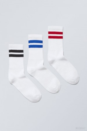 Blue Black Red Stripes Weekday 3-pack Sport Striped Socks | EDIA1717