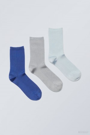 Blue Grey Weekday 3-pack Lova Shiny Socks | JSZY5183