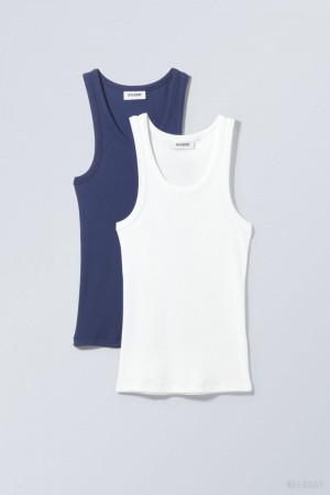 Blue / White Weekday 2-pack Close Fitted Rib Tank Top | NAHL9271