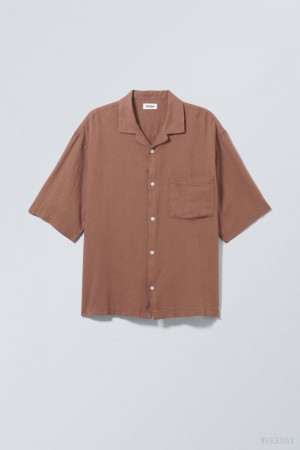 Brown Weekday Oversized Linen Short Sleeve Shirt | XEUC5811