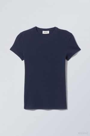 Dark Blue Weekday Close Fitted Rib T-Shirt | NJEA2149