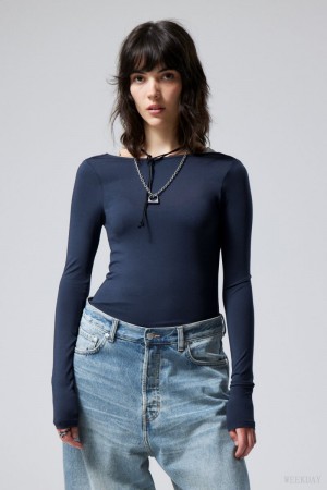 Dark Blue Weekday Gizem Open Back Long Sleeve Top | EXRX6694