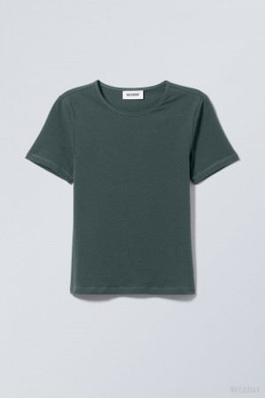 Dark Green Weekday Slim Fitted T-shirt | FZCX2397