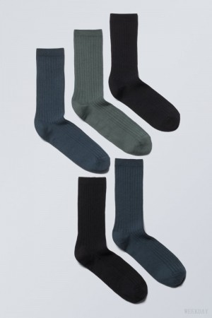 Dark Grey Blue Green Weekday 5-pack Rib Socks | SMXQ2500