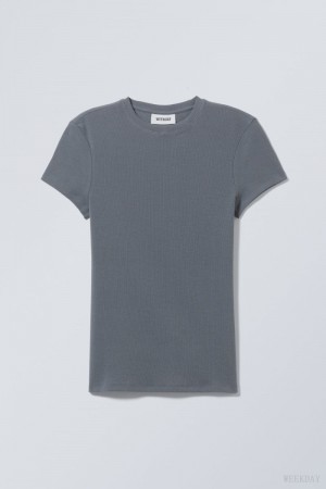 Dark Grey Weekday Close Fitted Rib T-Shirt | TFTN9756