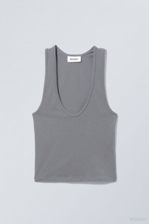 Dark Grey Weekday Deep U-Neck Tank Top | BDPL0339