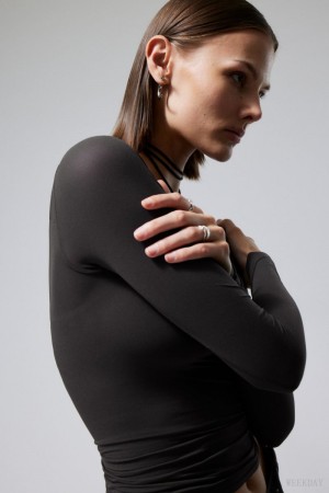 Dark Grey Weekday Sheer Boatneck Long Sleeve | LADT4514