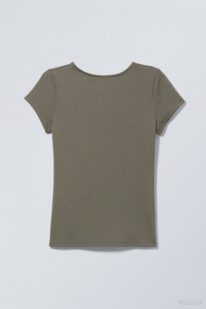 Dark Khaki Green Weekday Gizem Open Back T-shirt | OVHJ8028