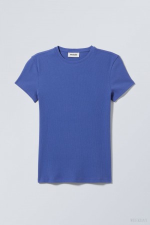 Deep Blue Weekday Close Fitted Rib T-Shirt | KQQG7047