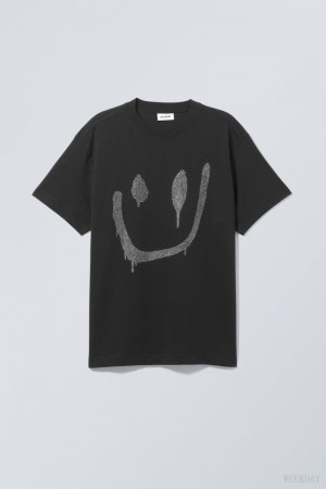 Drippy Rhinestone Smiley Weekday Oversized Graphic Printed T-shirt | LOAA6647