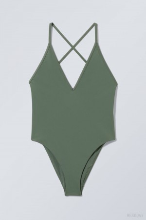 Green Weekday Deep V-neck Swimsuit | RVDU6724