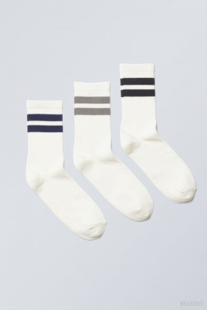 Grey Navy Black Stripes Weekday 3-pack Striped Sport Socks | BCRU1712