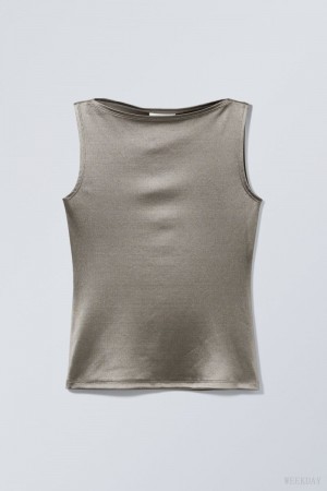 Grey Weekday Annie Metallic Boatneck Top | QCUM0671