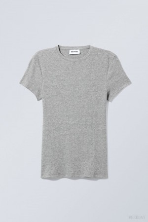 Grey Weekday Close Fitted Rib T-Shirt | FMHS4228