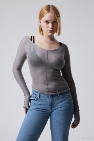 Grey Weekday Yen Sheer Longsleeve Top | IMPY5719