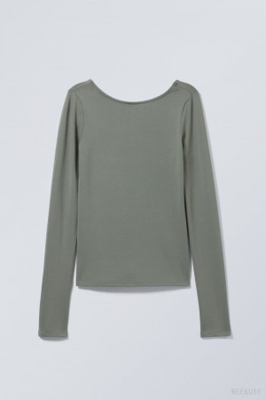 Khaki Green Weekday Gizem Open Back Long Sleeve Top | FVCM2080