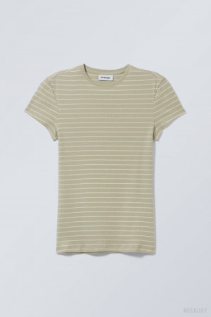 Khaki Weekday Close Fitted Rib T-Shirt | LYKV0041