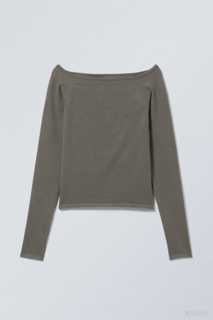 Khaki Weekday Seamless Off Shoulder Long Sleeve | ERJN8096