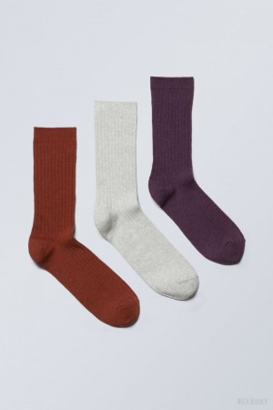 Orange Beige Purple Weekday 3-pack Rib Socks | BCIF4475