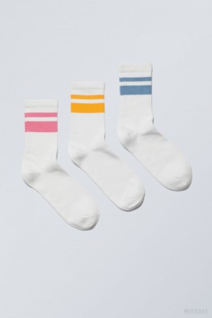 Pink Yellow Blue Stripes Weekday 3-pack Striped Sport Socks | PGCG3160