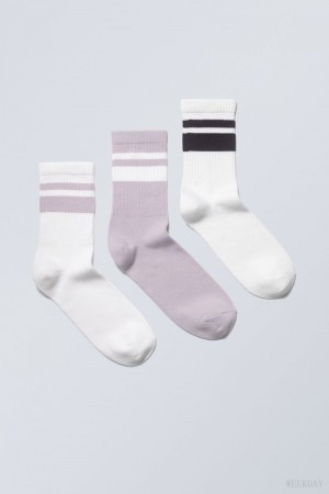 Purple Black Stripes Weekday 3-pack Striped Sport Socks | FVCW2851