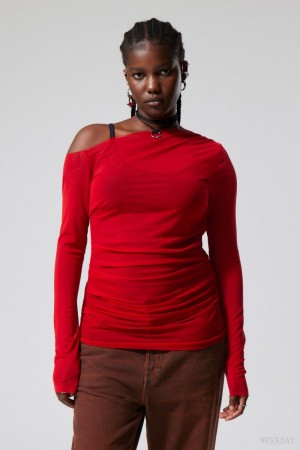 Red Weekday Transparent Drape Asymmetric Long Sleeve | PEEL9662