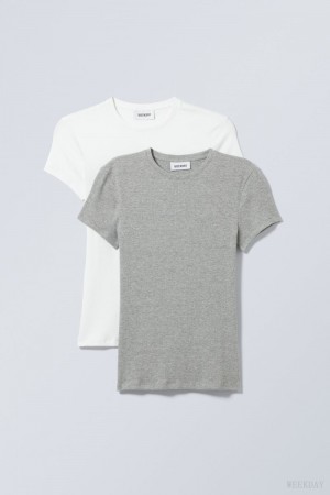 White Grey Weekday 2-pack Close Fitted Rib T-shirt | POVA3906