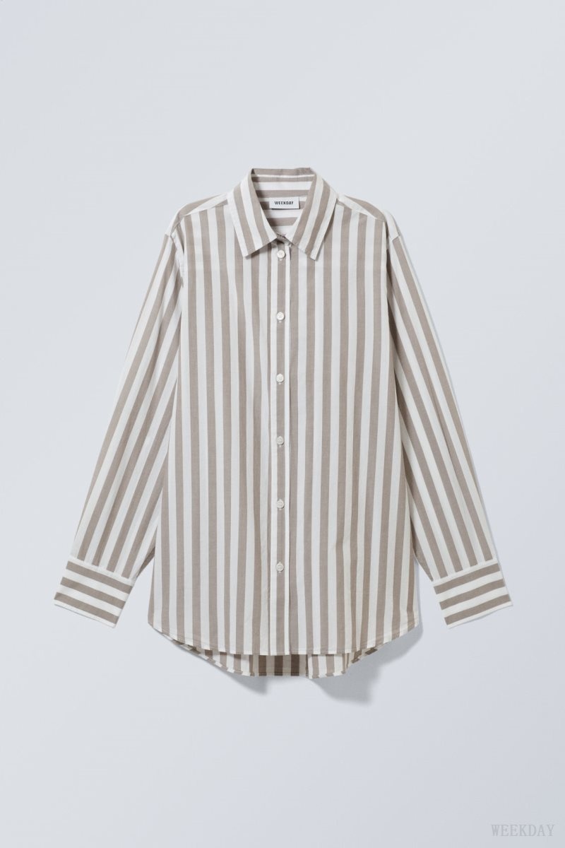 Beige Stripes Weekday Regular Cotton Voile Shirt | MBCT1726