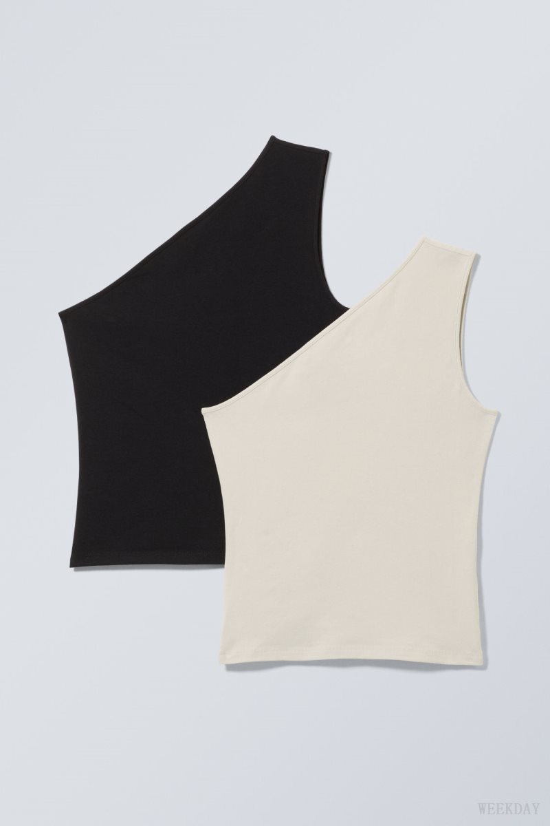 Black Beige Weekday 2-pack Cindy One Shoulder Tank Top | BWXL8714