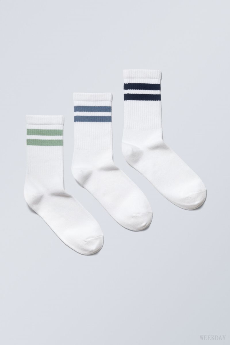 Black Blue Green Stripes Weekday 3-pack Sport Striped Socks | NHPE6140