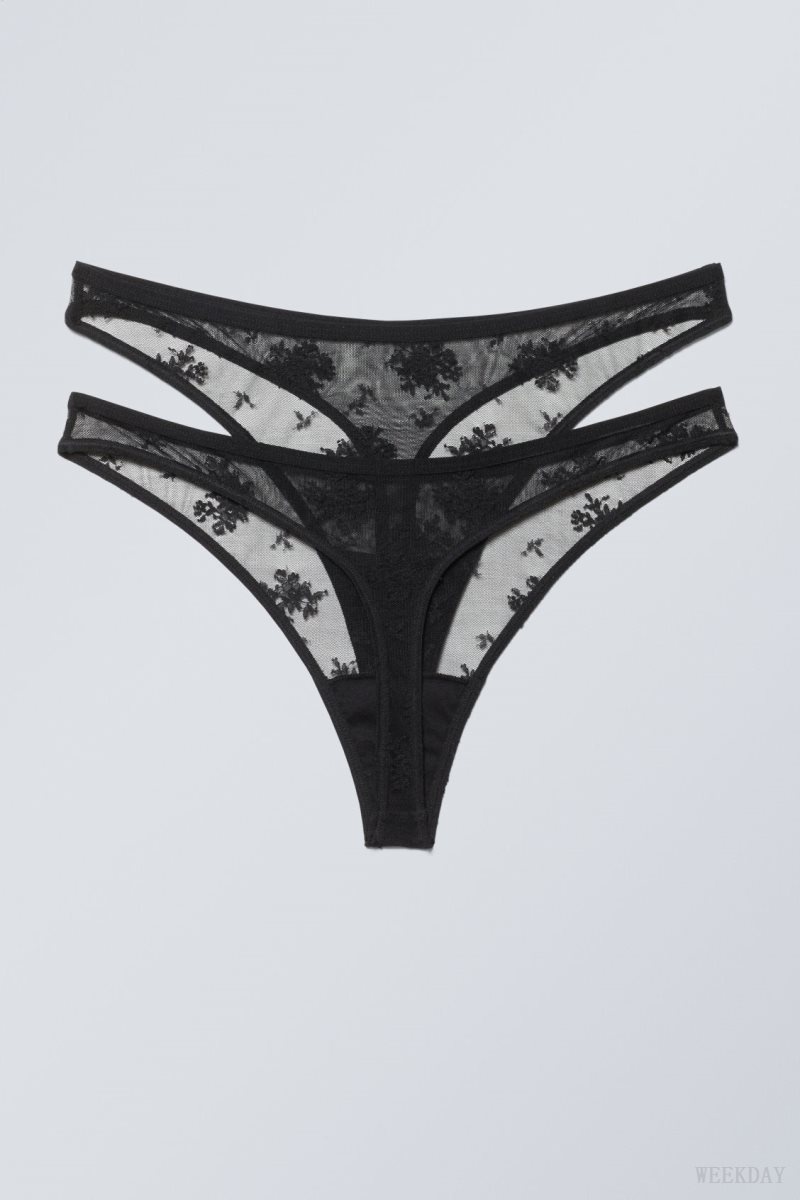 Black Weekday 2-pack Ash Lace Thong Thong | EUMU6821