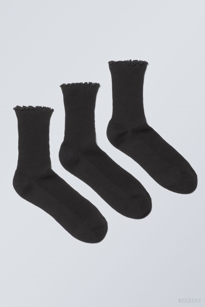 Black Weekday 3-pack Frill Edge Socks | XHET8304