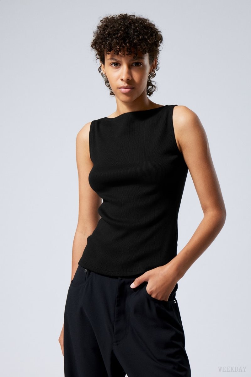 Black Weekday Annie Rib Boatneck Top | QTMN4615