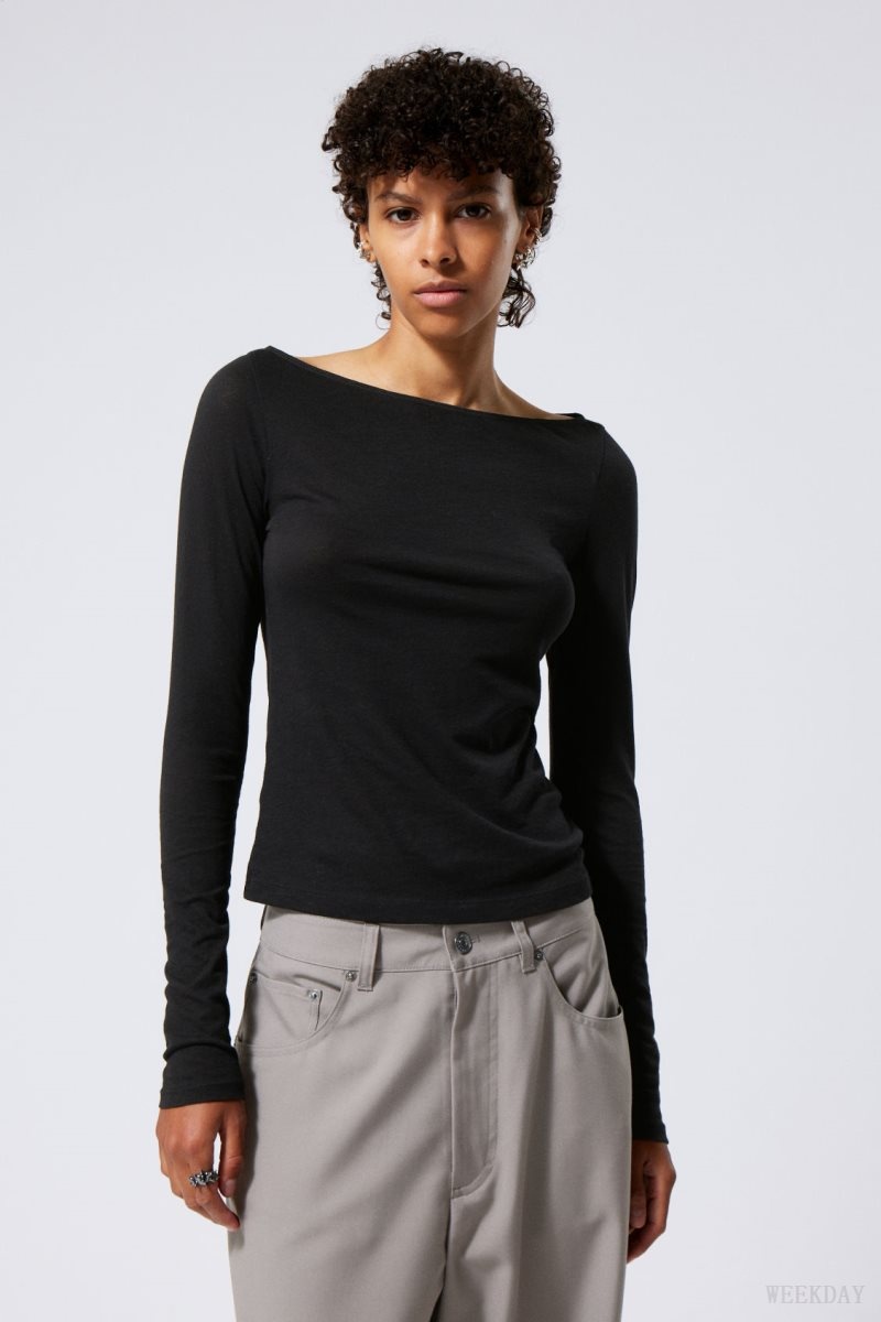 Black Weekday Boatneck Fitted Long Sleeve Top | XSYW0787