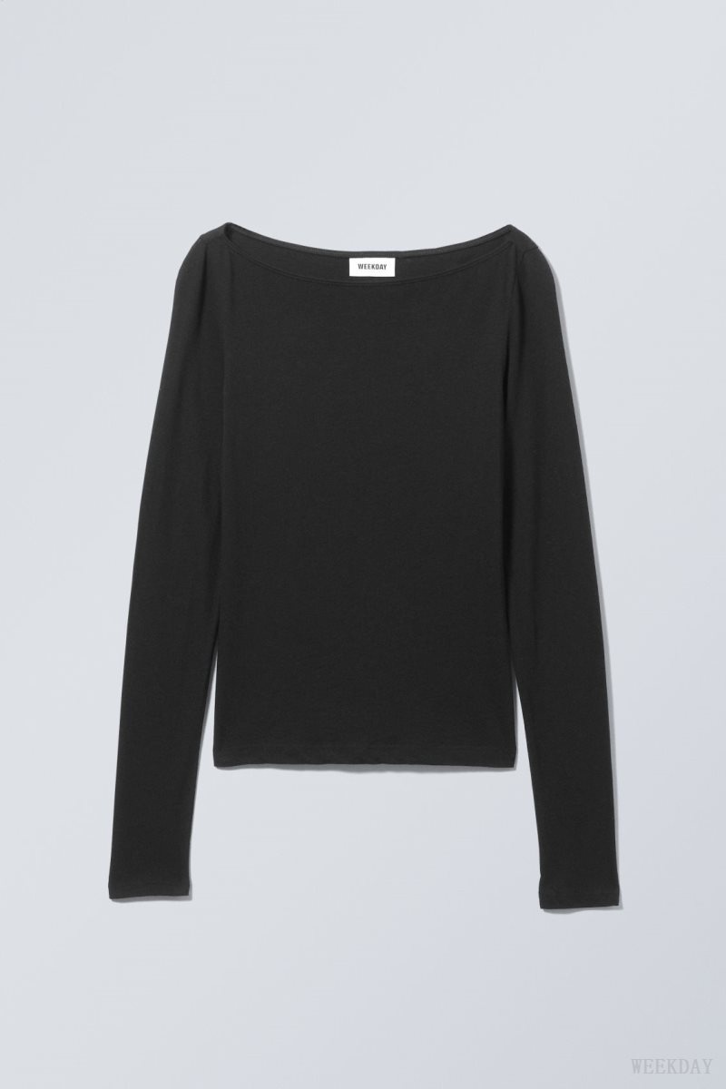 Black Weekday Boatneck Fitted Long Sleeve Top | XSYW0787