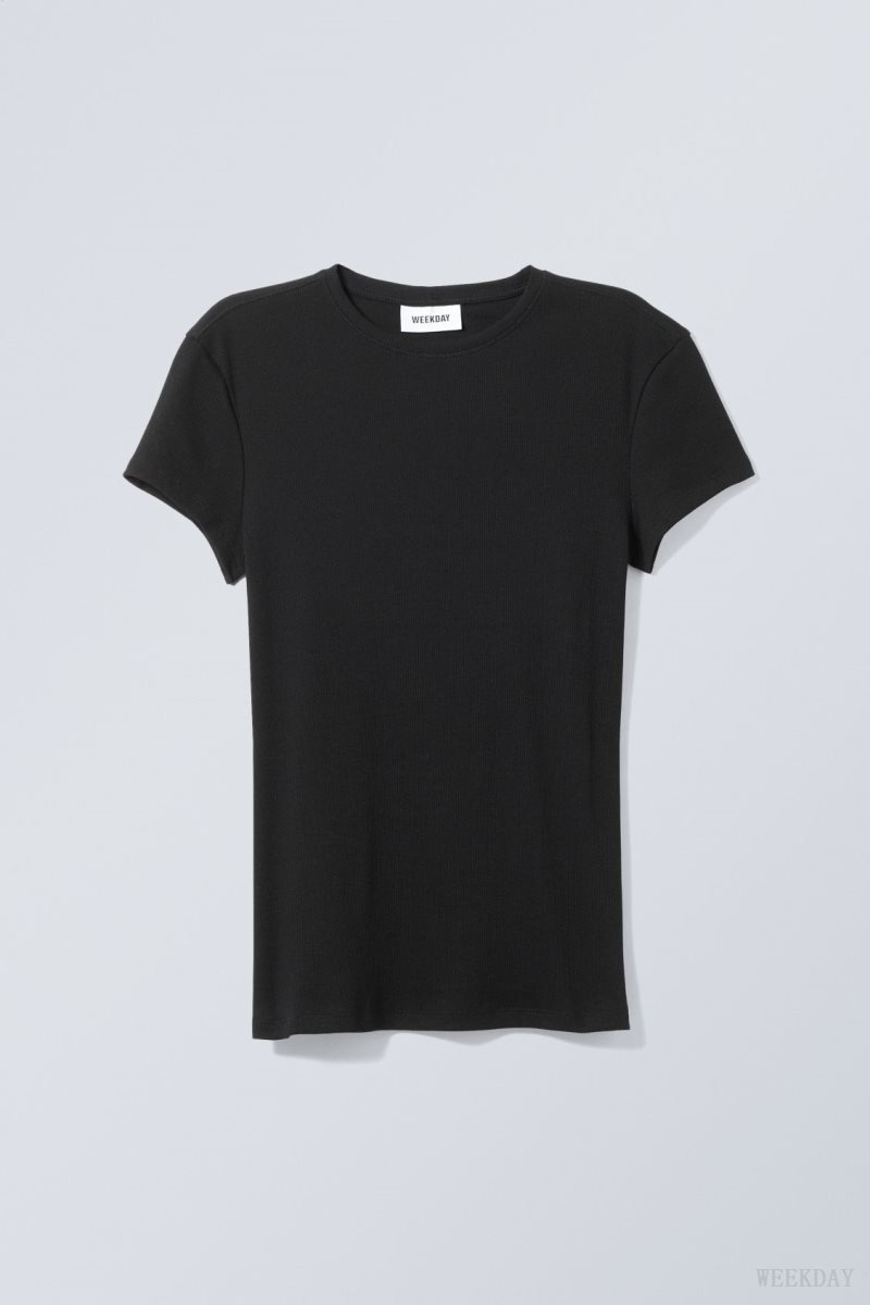 Black Weekday Close Fitted Rib T-Shirt | DNAK1812