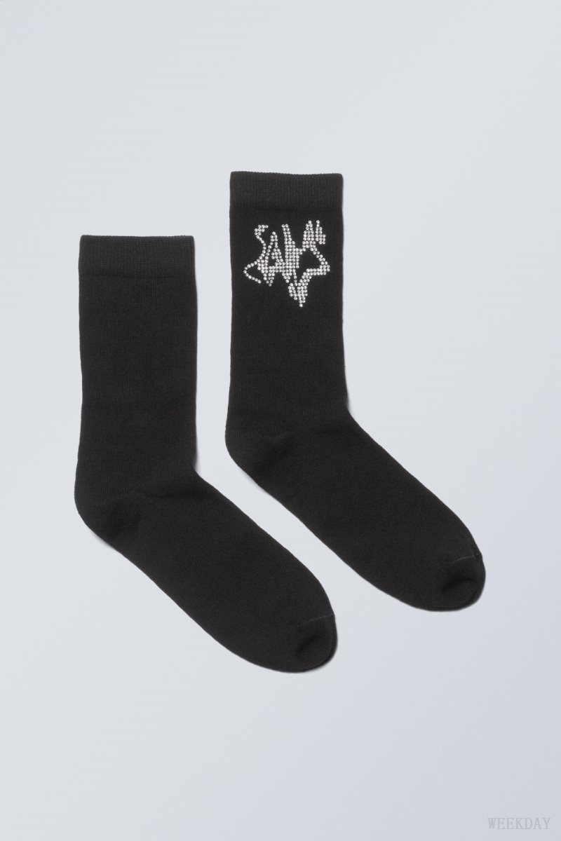 Black Weekday Cotton Rhinestone Socks | TCQX5018