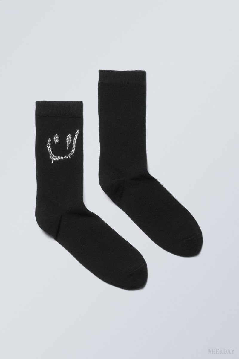 Black Weekday Cotton Rhinestone Socks | TQMT6461