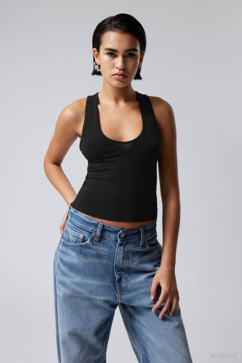 Black Weekday Deep U-Neck Tank Top | KQCV4816